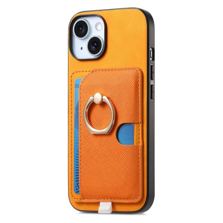 For iPhone 15 Retro Cross Leather Ring Side Insert Card Bag MagSafe Phone Case