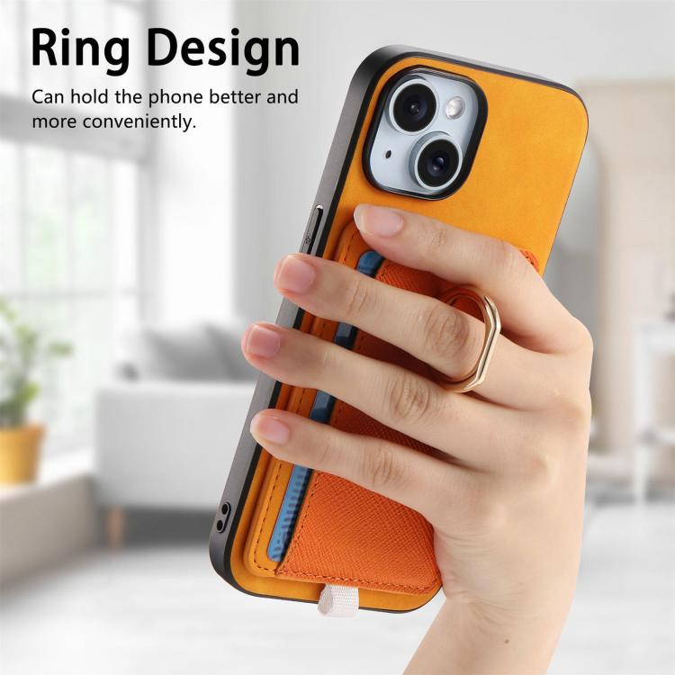 For iPhone 15 Retro Cross Leather Ring Side Insert Card Bag MagSafe Phone Case