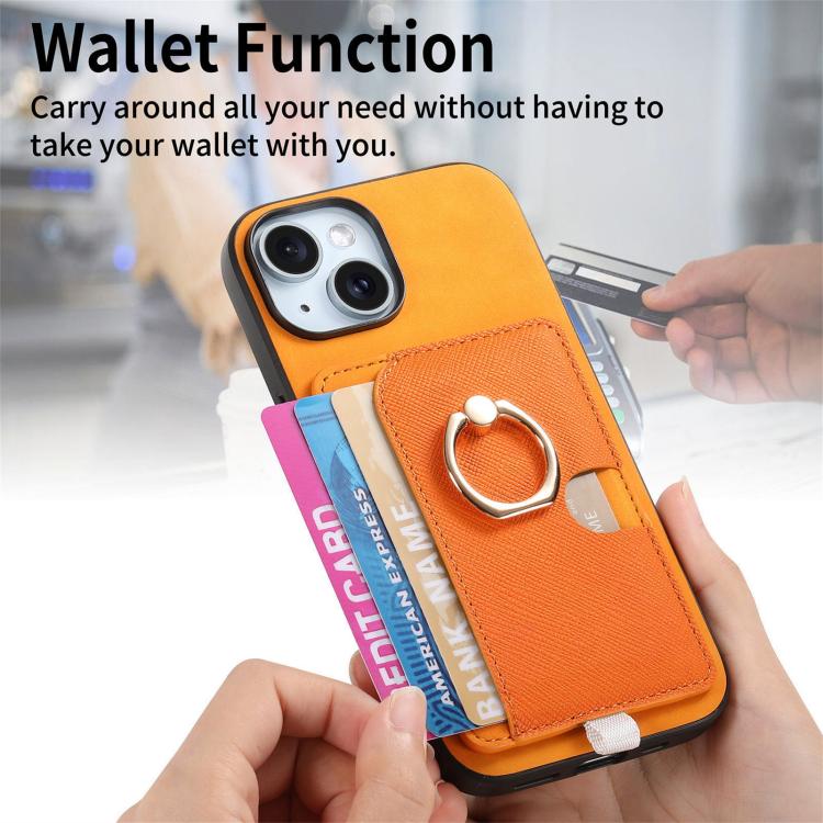 For iPhone 15 Retro Cross Leather Ring Side Insert Card Bag MagSafe Phone Case