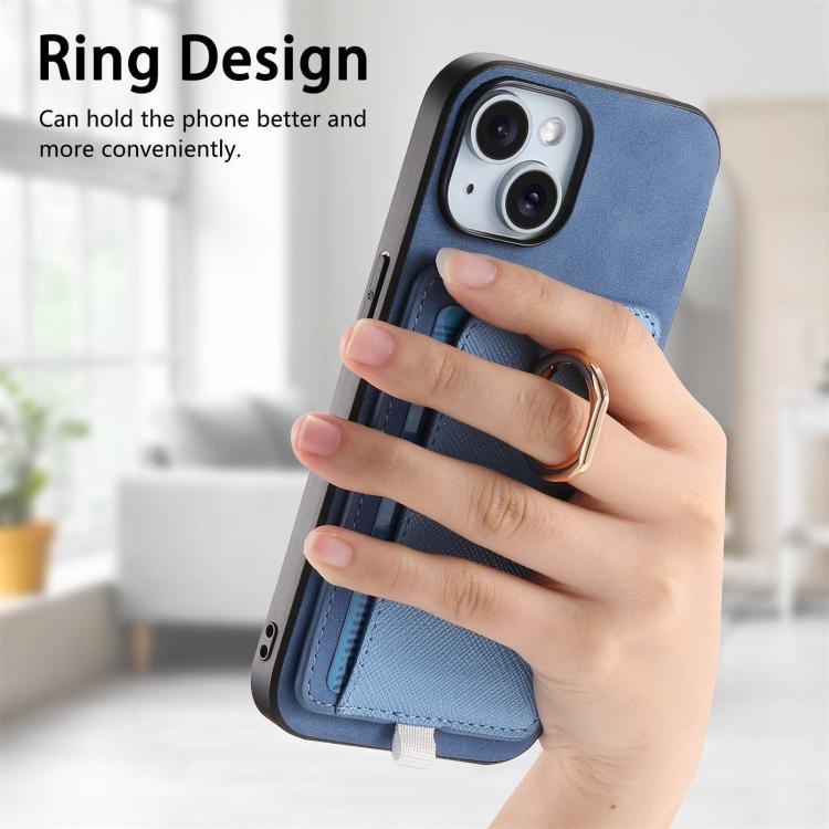 For iPhone 15 Retro Cross Leather Ring Side Insert Card Bag MagSafe Phone Case