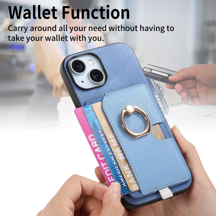 For iPhone 15 Retro Cross Leather Ring Side Insert Card Bag MagSafe Phone Case