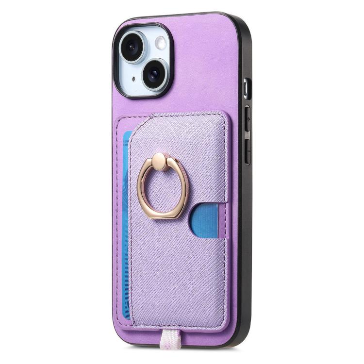 For iPhone 15 Retro Cross Leather Ring Side Insert Card Bag MagSafe Phone Case