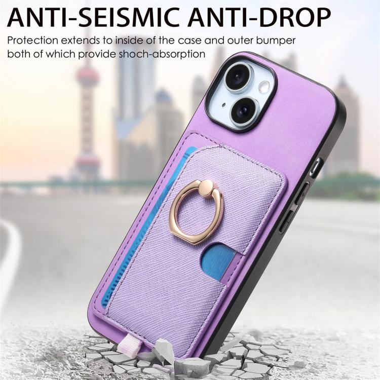 For iPhone 15 Retro Cross Leather Ring Side Insert Card Bag MagSafe Phone Case