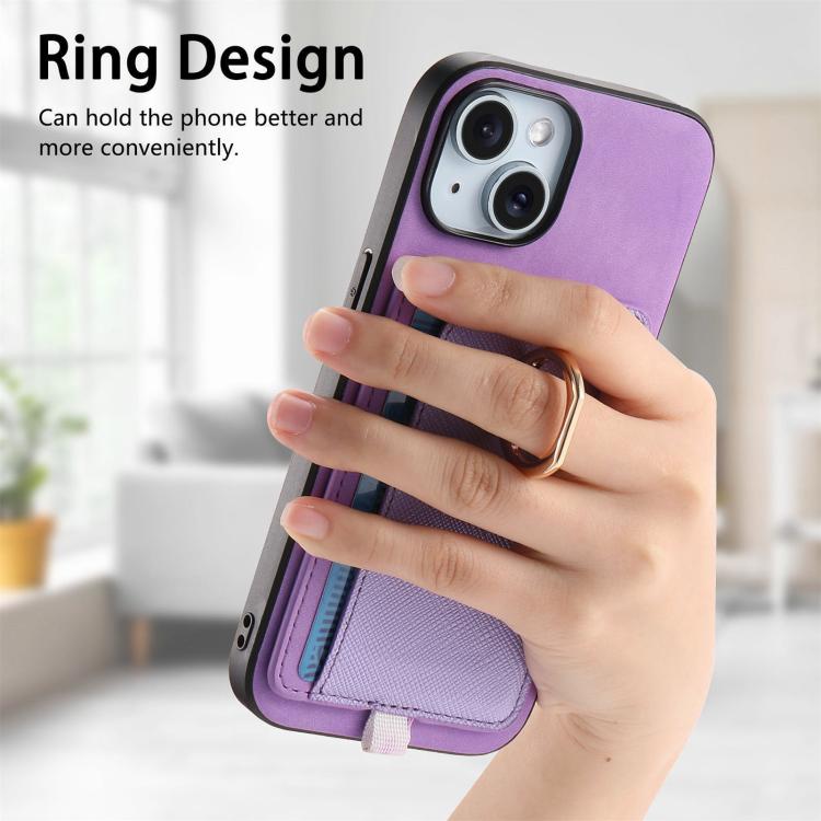 For iPhone 15 Retro Cross Leather Ring Side Insert Card Bag MagSafe Phone Case