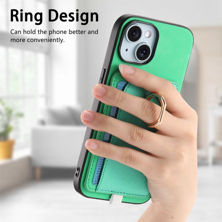 For iPhone 15 Retro Cross Leather Ring Side Insert Card Bag MagSafe Phone Case