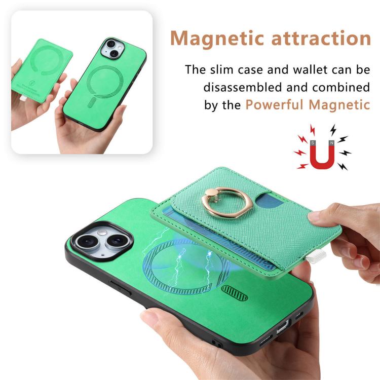For iPhone 15 Retro Cross Leather Ring Side Insert Card Bag MagSafe Phone Case