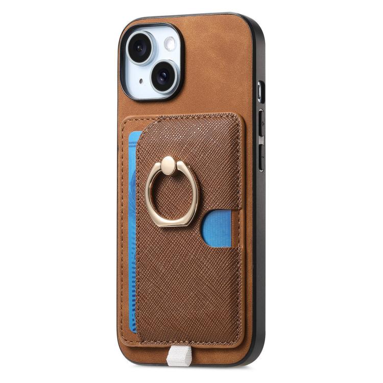 For iPhone 15 Retro Cross Leather Ring Side Insert Card Bag MagSafe Phone Case