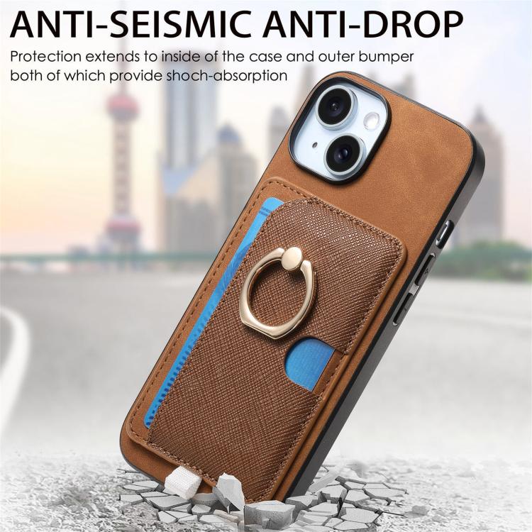 For iPhone 15 Retro Cross Leather Ring Side Insert Card Bag MagSafe Phone Case