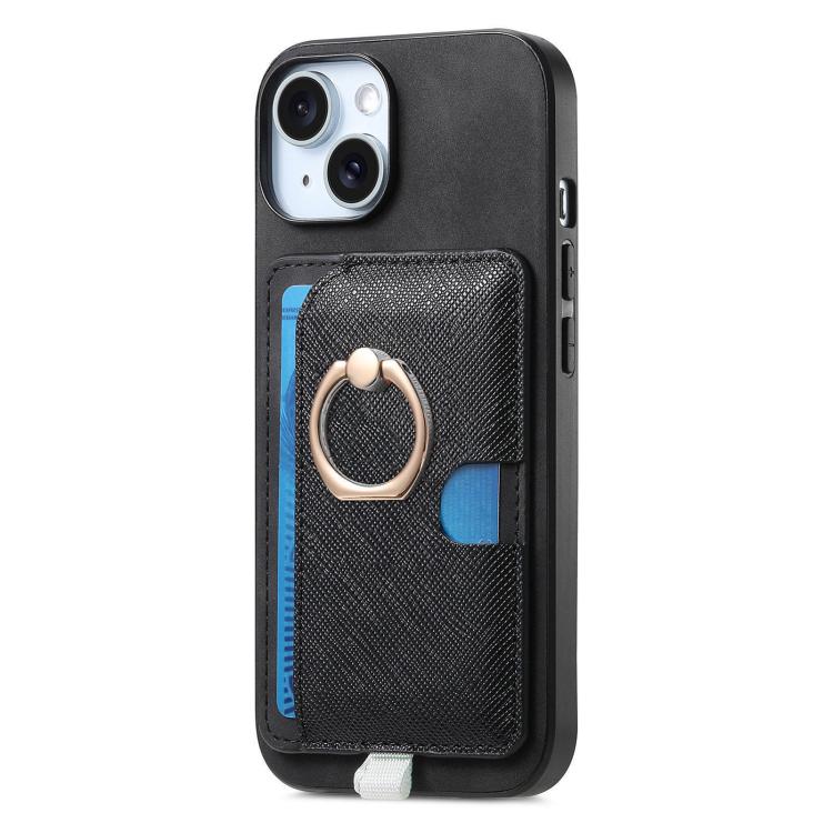 For iPhone 15 Retro Cross Leather Ring Side Insert Card Bag MagSafe Phone Case