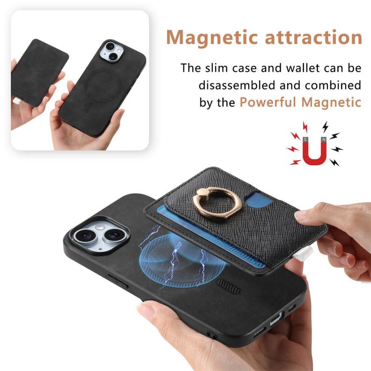 For iPhone 15 Retro Cross Leather Ring Side Insert Card Bag MagSafe Phone Case