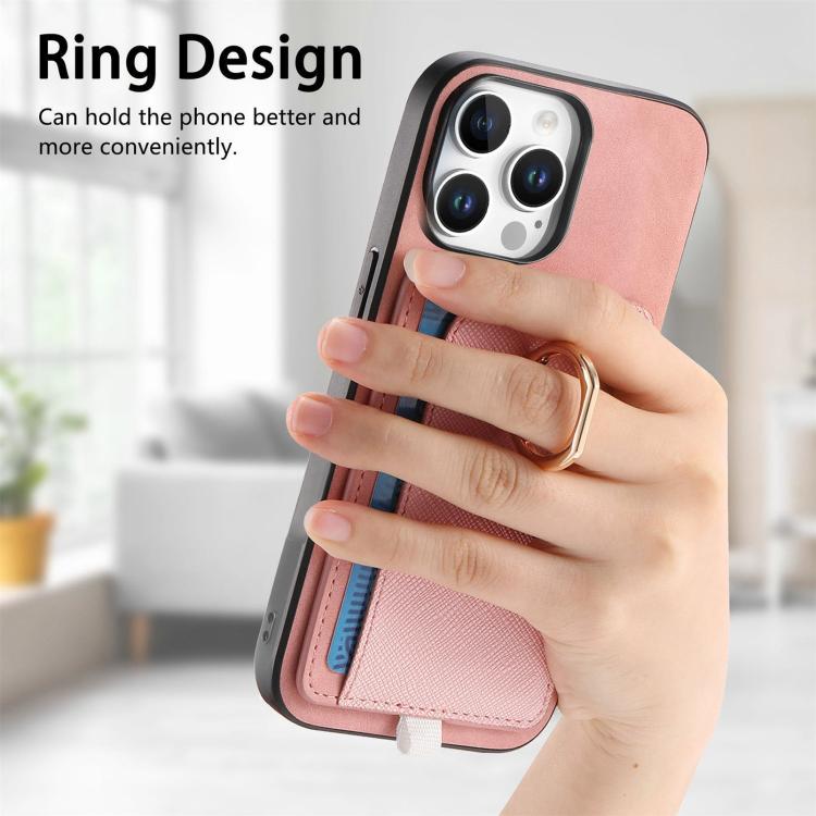 For iPhone 14 Plus Retro Cross Leather Ring Side Insert Card Bag MagSafe Phone Case