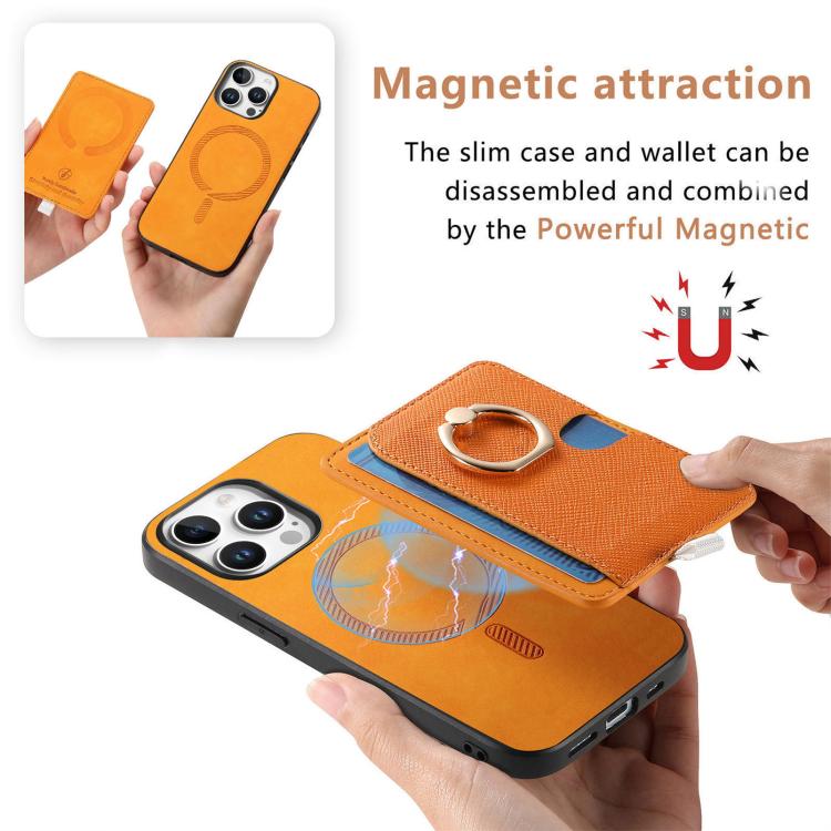 For iPhone 14 Retro Cross Leather Ring Side Insert Card Bag MagSafe Phone Case