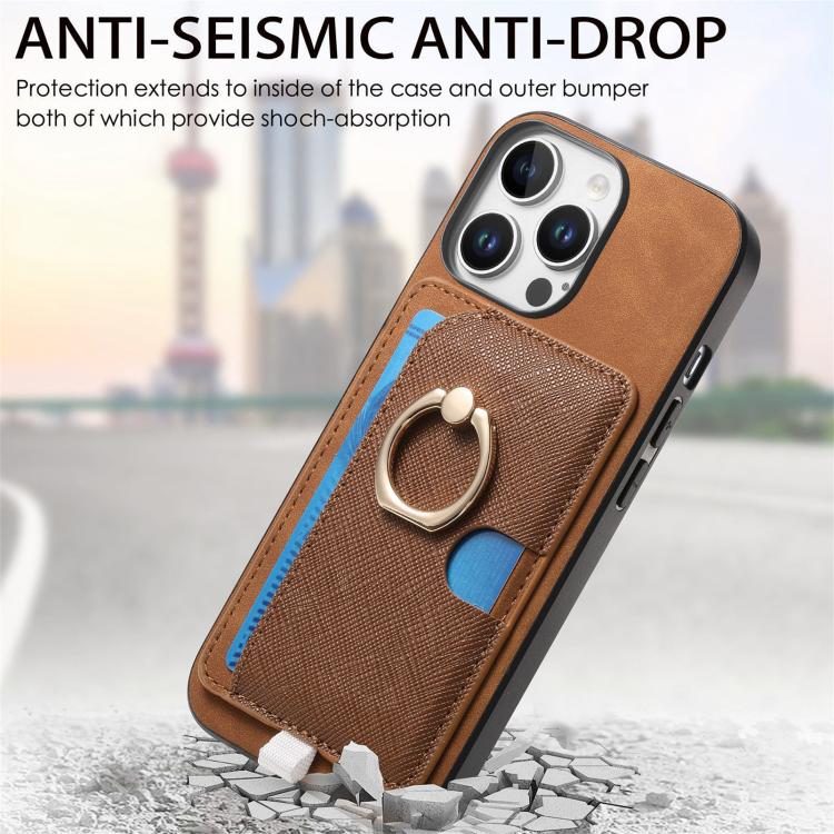 For iPhone 14 Retro Cross Leather Ring Side Insert Card Bag MagSafe Phone Case