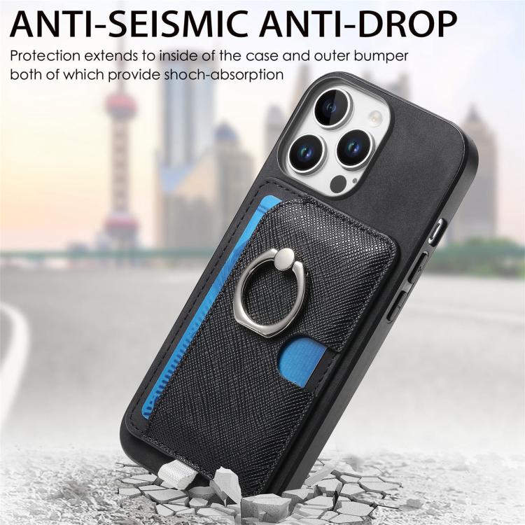 For iPhone 14 Retro Cross Leather Ring Side Insert Card Bag MagSafe Phone Case