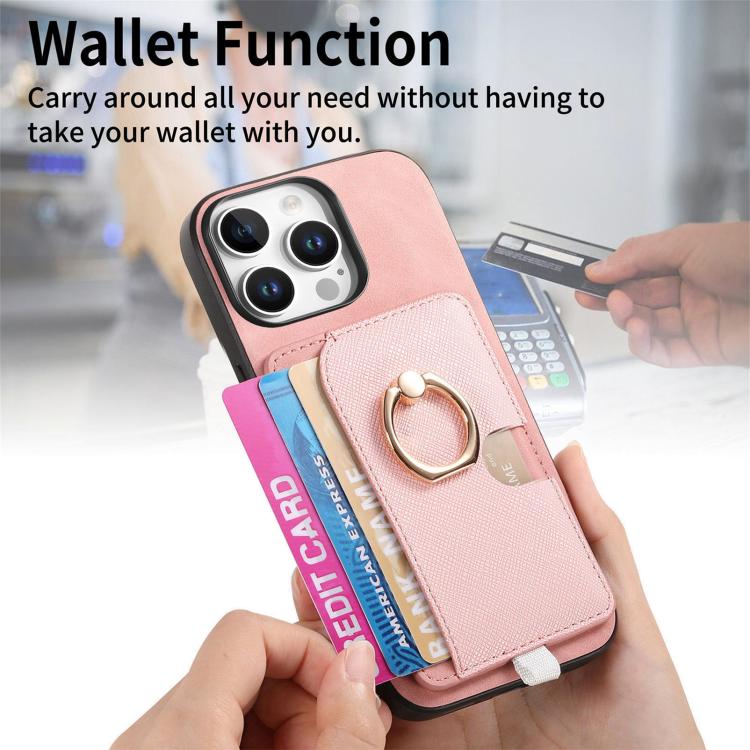 For iPhone 14 Pro Retro Cross Leather Ring Side Insert Card Bag MagSafe Phone Case
