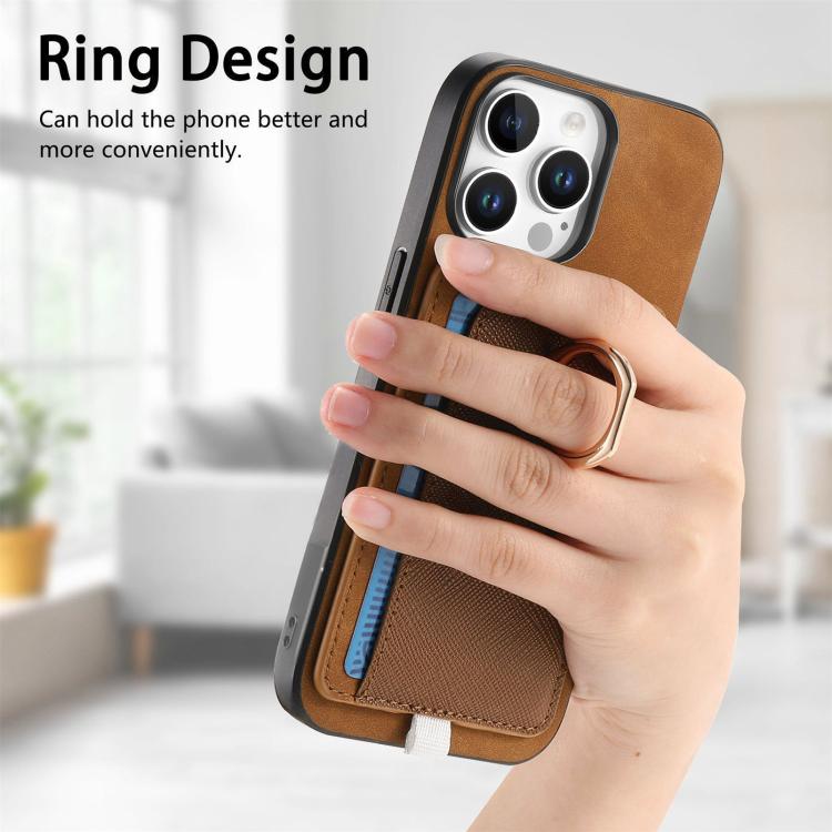 For iPhone 14 Pro Retro Cross Leather Ring Side Insert Card Bag MagSafe Phone Case