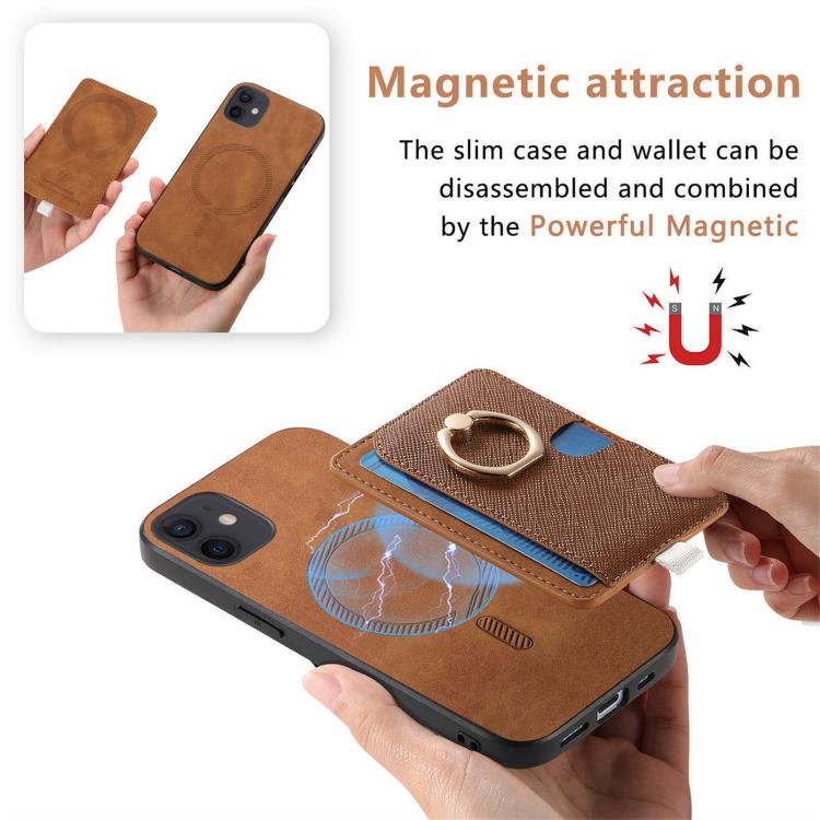 For iPhone 13 Retro Cross Leather Ring Side Insert Card Bag MagSafe Phone Case