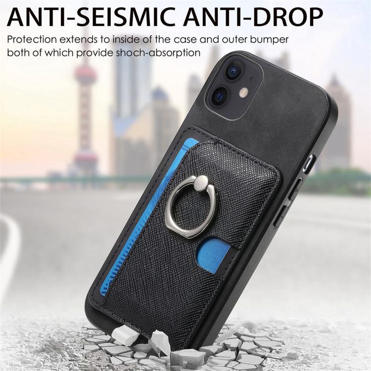 For iPhone 13 Retro Cross Leather Ring Side Insert Card Bag MagSafe Phone Case