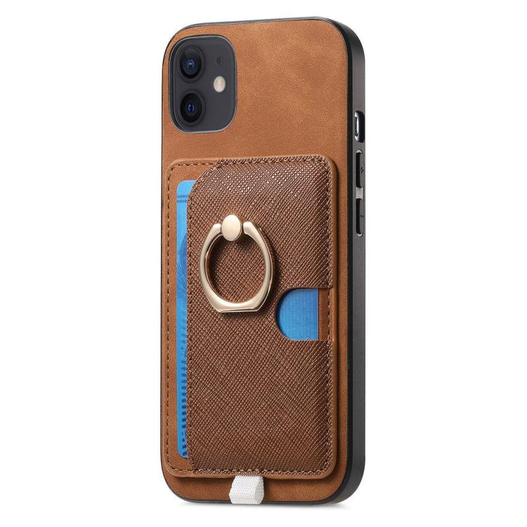 For iPhone 12 / 12 Pro Retro Cross Leather Ring Side Insert Card Bag MagSafe Phone Case