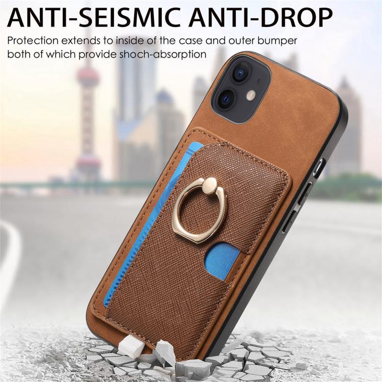 For iPhone 12 / 12 Pro Retro Cross Leather Ring Side Insert Card Bag MagSafe Phone Case