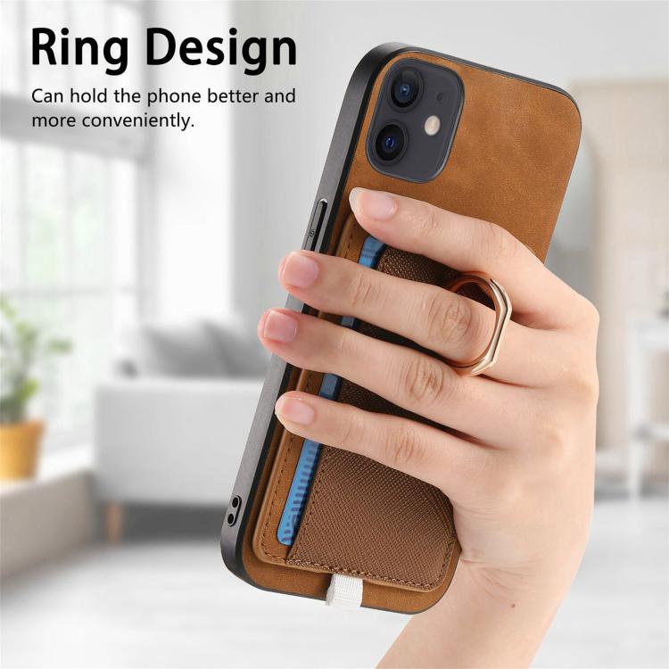 For iPhone 12 / 12 Pro Retro Cross Leather Ring Side Insert Card Bag MagSafe Phone Case
