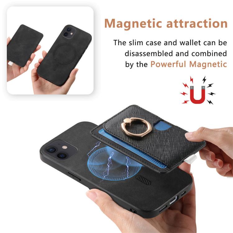 For iPhone 12 / 12 Pro Retro Cross Leather Ring Side Insert Card Bag MagSafe Phone Case