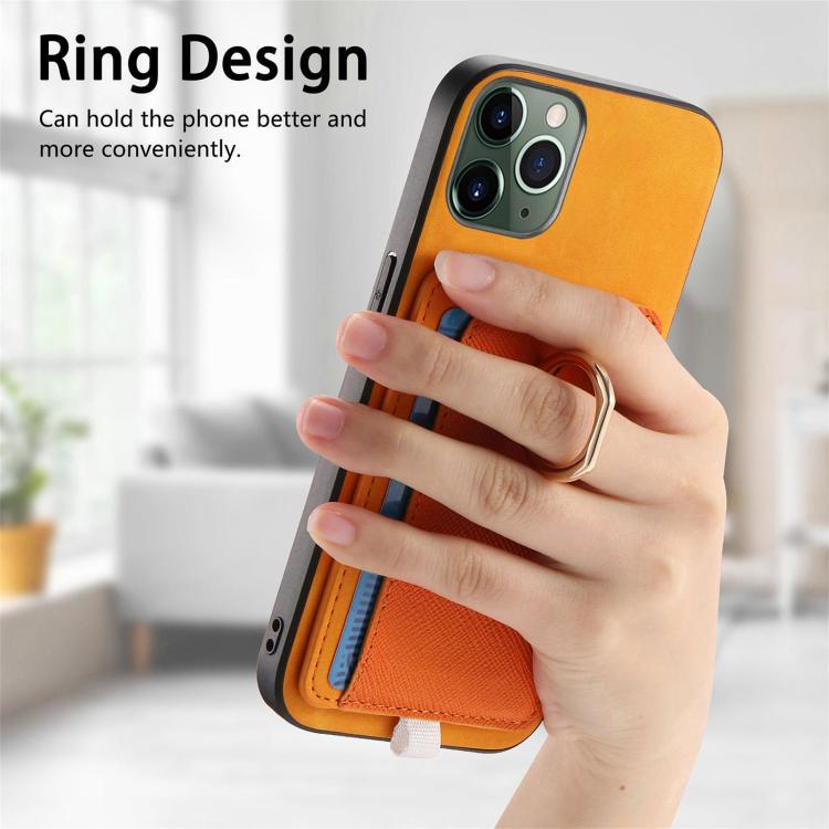 For iPhone 11 Pro Retro Cross Leather Ring Side Insert Card Bag MagSafe Phone Case