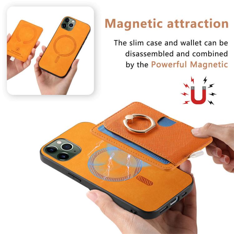 For iPhone 11 Pro Retro Cross Leather Ring Side Insert Card Bag MagSafe Phone Case