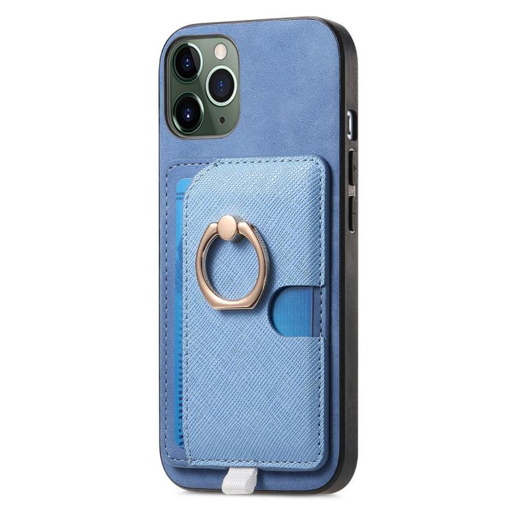 For iPhone 11 Pro Retro Cross Leather Ring Side Insert Card Bag MagSafe Phone Case