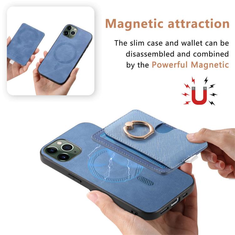 For iPhone 11 Pro Retro Cross Leather Ring Side Insert Card Bag MagSafe Phone Case