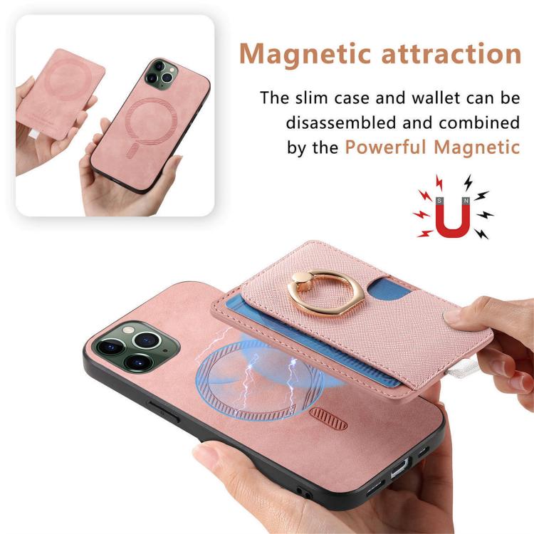 For iPhone 11 Pro Retro Cross Leather Ring Side Insert Card Bag MagSafe Phone Case