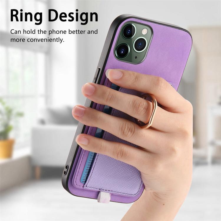 For iPhone 11 Pro Retro Cross Leather Ring Side Insert Card Bag MagSafe Phone Case