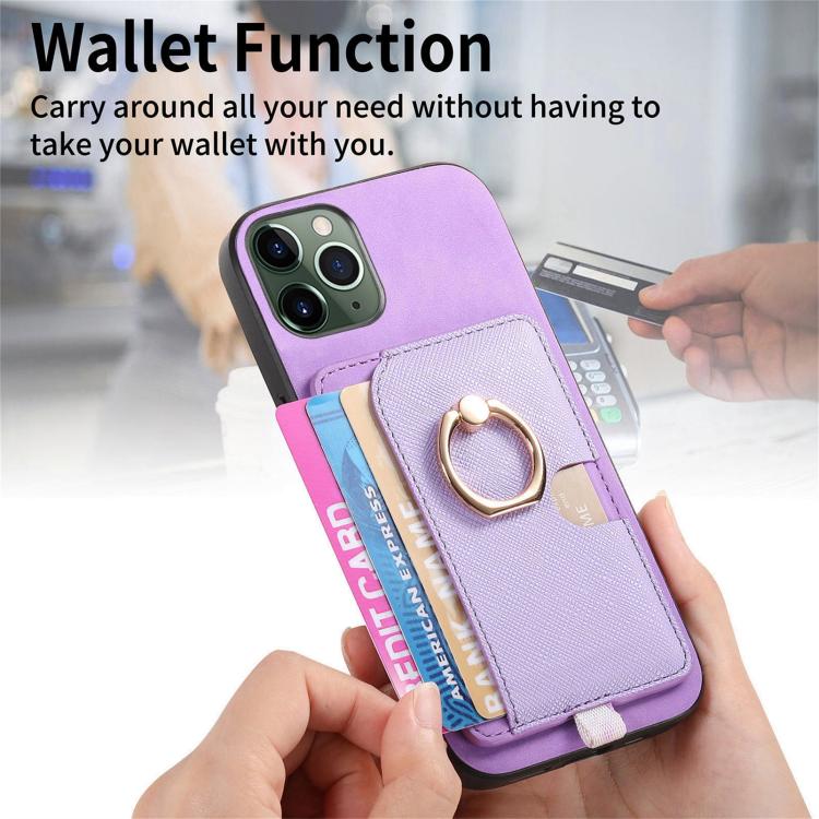 For iPhone 11 Pro Retro Cross Leather Ring Side Insert Card Bag MagSafe Phone Case