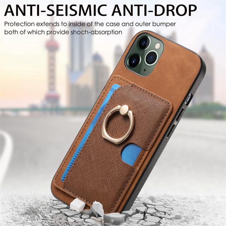 For iPhone 11 Pro Retro Cross Leather Ring Side Insert Card Bag MagSafe Phone Case