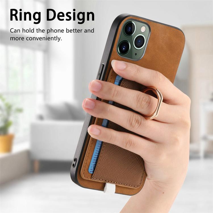 For iPhone 11 Pro Retro Cross Leather Ring Side Insert Card Bag MagSafe Phone Case