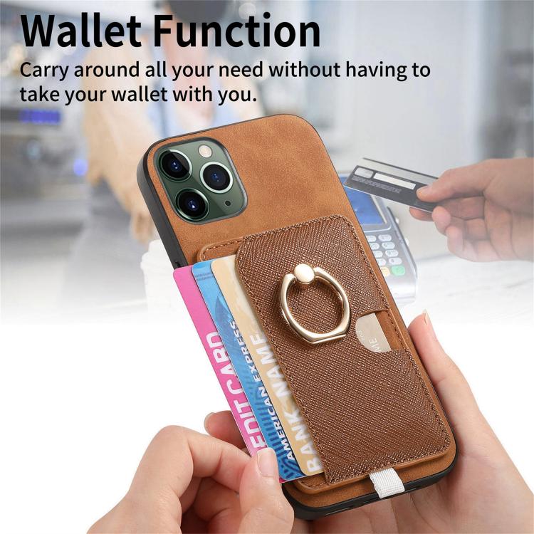 For iPhone 11 Pro Retro Cross Leather Ring Side Insert Card Bag MagSafe Phone Case