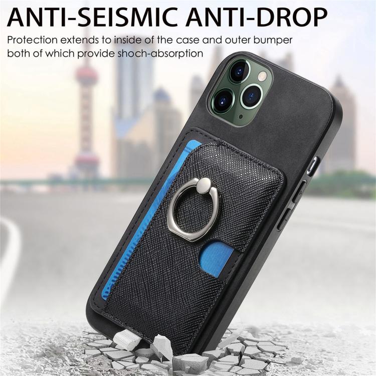 For iPhone 11 Pro Retro Cross Leather Ring Side Insert Card Bag MagSafe Phone Case