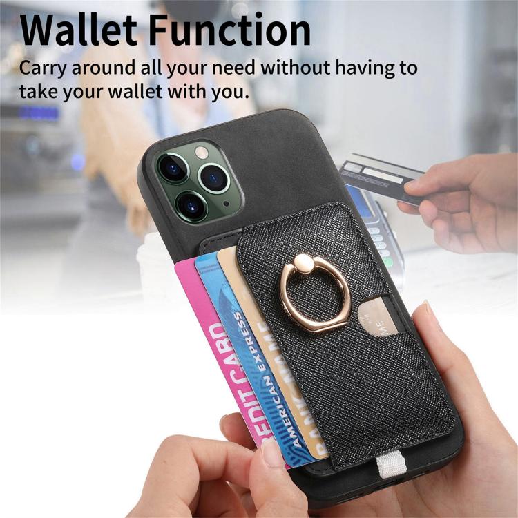 For iPhone 11 Pro Retro Cross Leather Ring Side Insert Card Bag MagSafe Phone Case