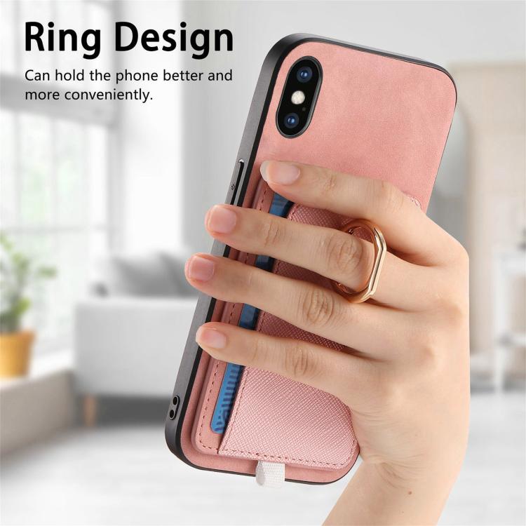 For iPhone X / XS Retro Cross Leather Ring Side Insert Card Bag MagSafe Phone Case