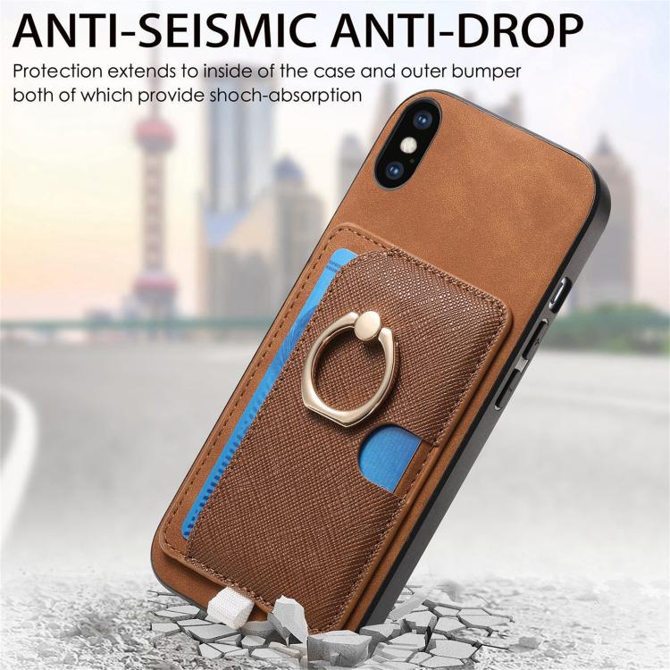 For iPhone X / XS Retro Cross Leather Ring Side Insert Card Bag MagSafe Phone Case