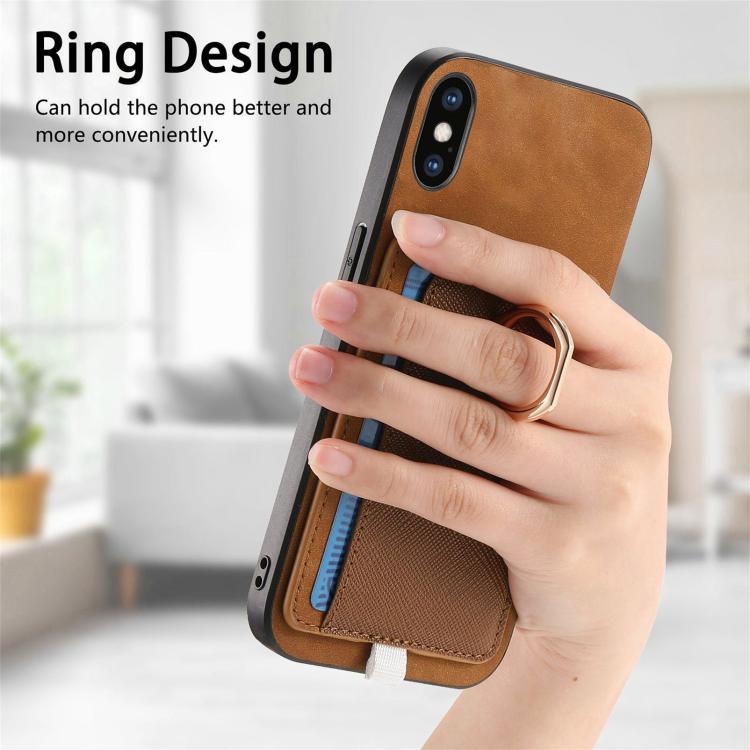 For iPhone X / XS Retro Cross Leather Ring Side Insert Card Bag MagSafe Phone Case