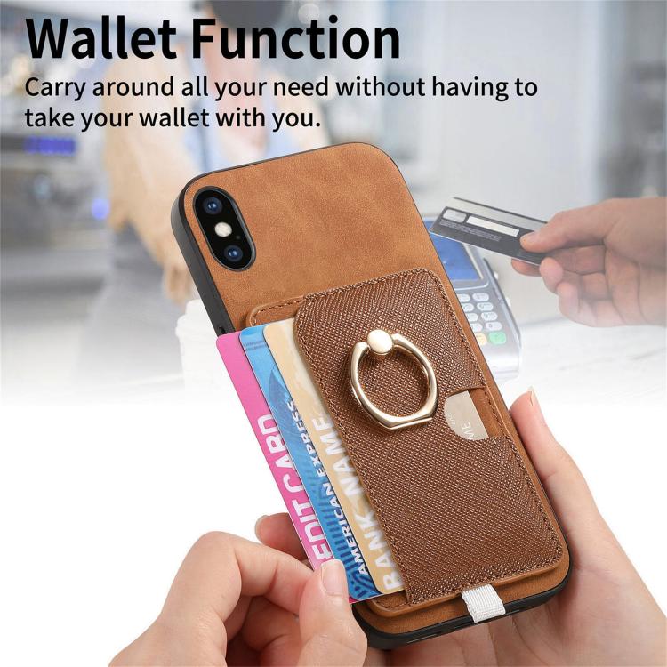 For iPhone X / XS Retro Cross Leather Ring Side Insert Card Bag MagSafe Phone Case