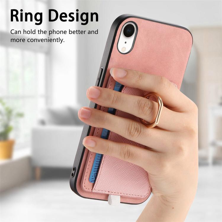 For iPhone XR Retro Cross Leather Ring Side Insert Card Bag MagSafe Phone Case