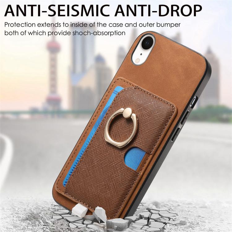 For iPhone XR Retro Cross Leather Ring Side Insert Card Bag MagSafe Phone Case