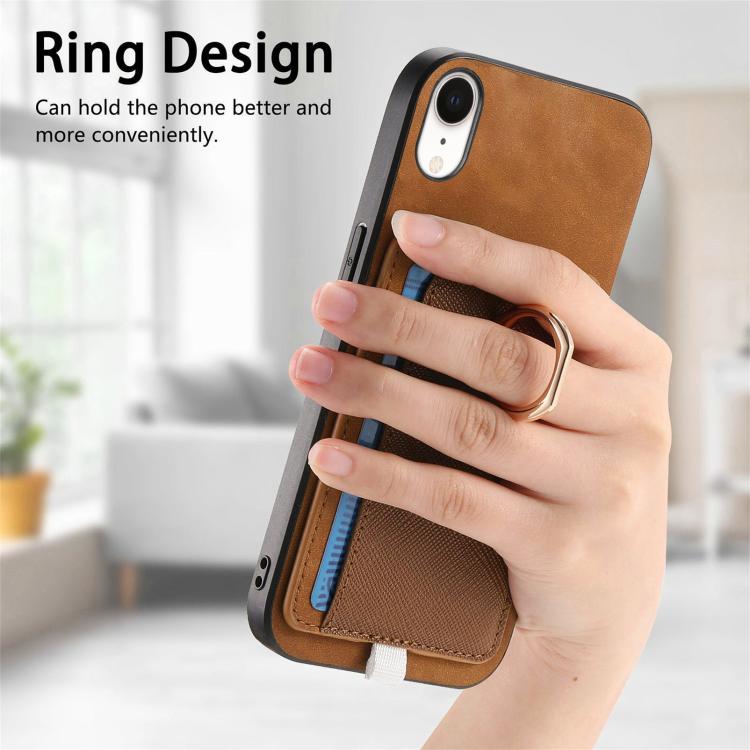 For iPhone XR Retro Cross Leather Ring Side Insert Card Bag MagSafe Phone Case