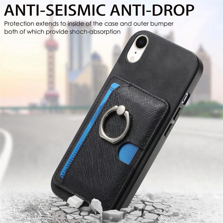 For iPhone XR Retro Cross Leather Ring Side Insert Card Bag MagSafe Phone Case
