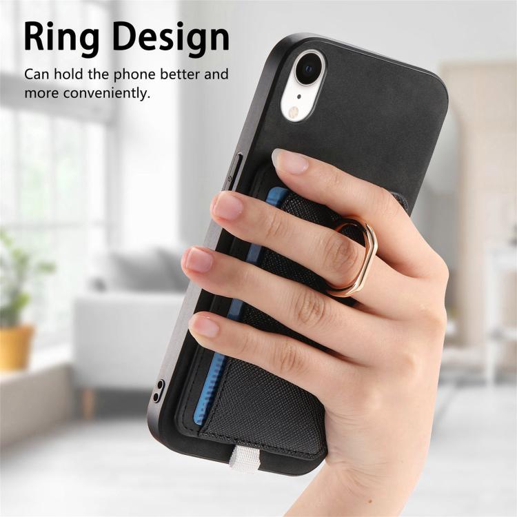 For iPhone XR Retro Cross Leather Ring Side Insert Card Bag MagSafe Phone Case