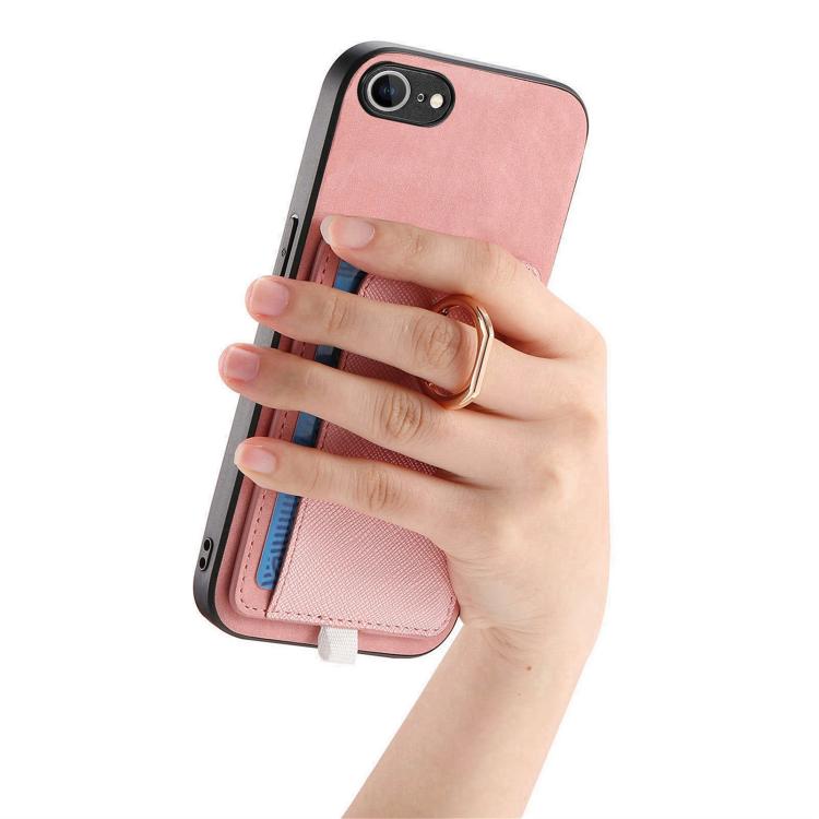 For iPhone 17e / 16e Retro Cross Leather Ring Side Insert Card Bag MagSafe Phone Case