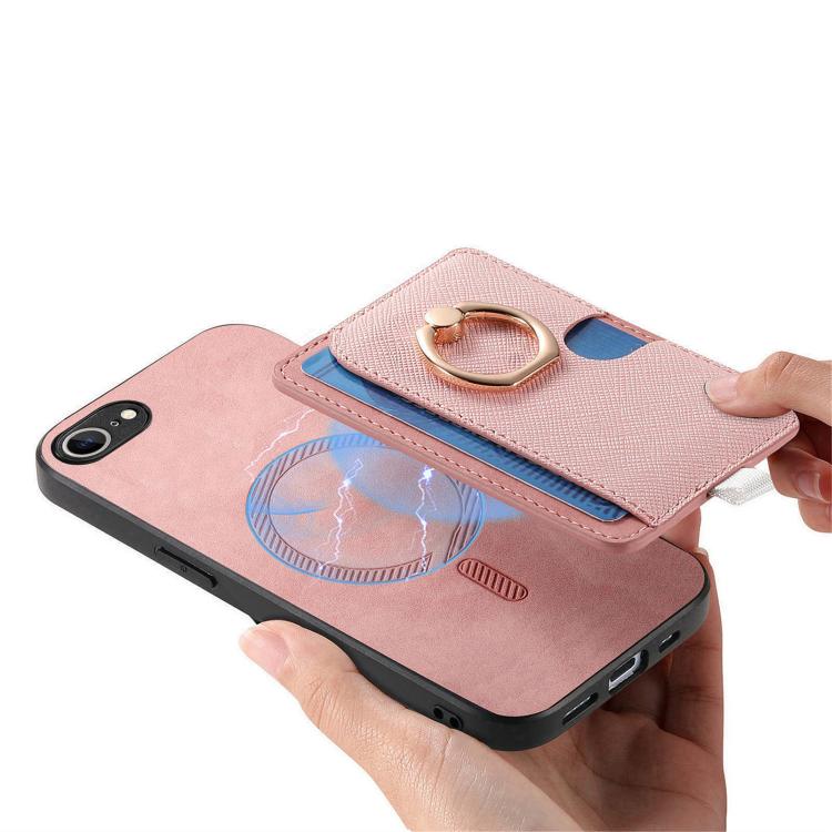 For iPhone 17e / 16e Retro Cross Leather Ring Side Insert Card Bag MagSafe Phone Case