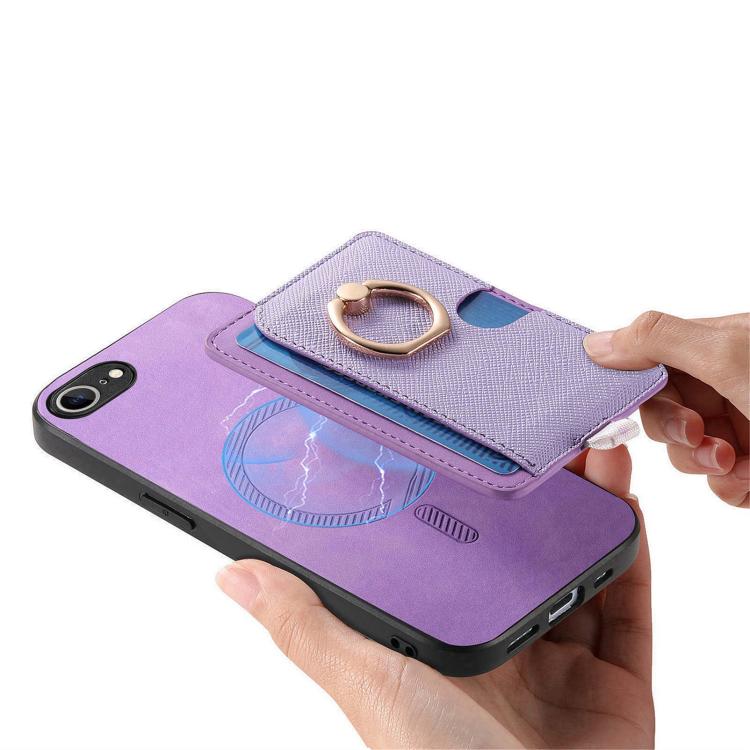 For iPhone 17e / 16e Retro Cross Leather Ring Side Insert Card Bag MagSafe Phone Case